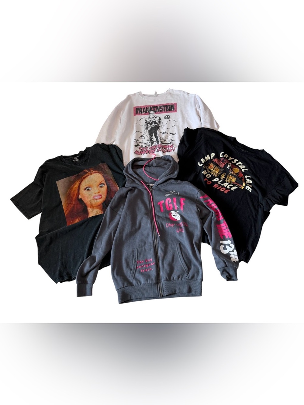 #60 Horror Movie Graphic Tee BUNDLE 4Pc Friday the 13th Frankenstein Sweatshirt